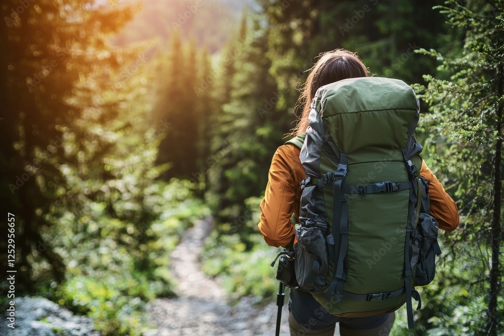 Woman with backpack walking through forest on hiking trail surrounded by trees and nature Woman with backpack walking through forest on hiking trail surrounded by trees and nature