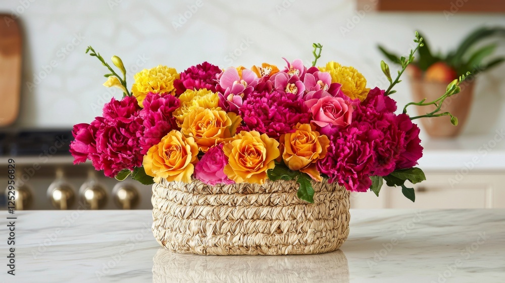 A colorful flower basket with roses, carnations, and orchids, displayed on a marble countertop. --chaos 20 --ar 16:9 --quality 2 --v 6.1 Job ID: b7be345f-0a8b-41ac-ad3a-559e7bcb727b A colorful flower basket with roses, carnations, and orchids, displayed on a marble countertop. --chaos 20 --ar 16:9 --quality 2 --v 6.1 Job ID: b7be345f-0a8b-41ac-ad3a-559e7bcb727b