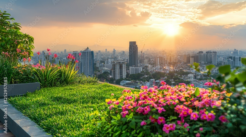 Fototapeta premium Sunset View Over Cityscape with Vibrant Flowers and Lush Greenery