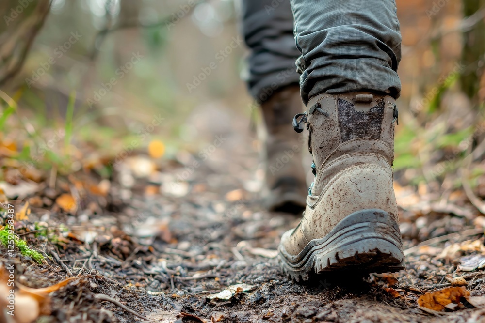 Person walking on a hiking trail through forested mountains in nature Person walking on a hiking trail through forested mountains in nature
