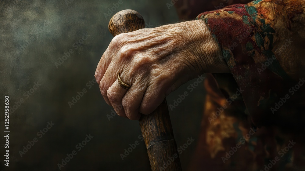 Close-up of an elderly woman's hand resting gently on a wooden cane, with a soft-focus background and ample copy space to the right. Close-up of an elderly woman's hand resting gently on a wooden cane, with a soft-focus background and ample copy space to the right.
