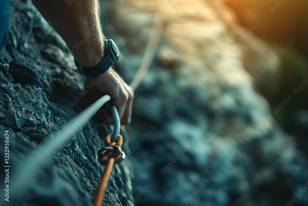 Naklejka premium Person climbing a rock face with a rope during an outdoor climbing activity in nature