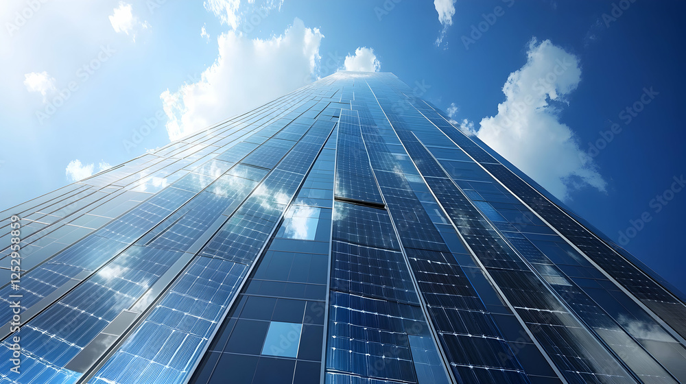 Fototapeta premium A towering modern skyscraper covered in reflective solar panels, maximizing renewable energy use in urban areas.