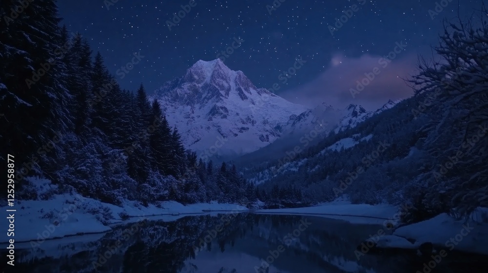 Snowy mountain peak reflecting in calm lake at night Snowy mountain peak reflecting in calm lake at night