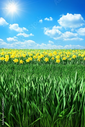 Spring Meadow in Bloom A Landscape of Radiant Yellow Daffodils Under a Bright Blue Sky