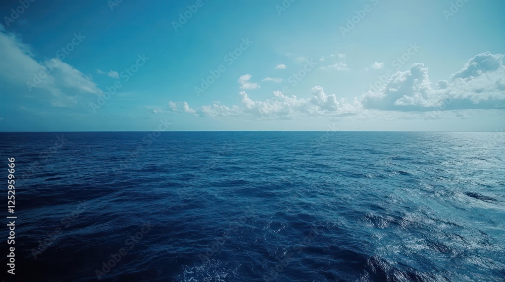 Fototapeta premium Serene Ocean Vista: A boundless expanse of deep blue water under a bright sky, inviting tranquility and peace.
