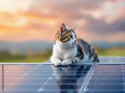Cat that chilling on solar panel in the worm summer day.