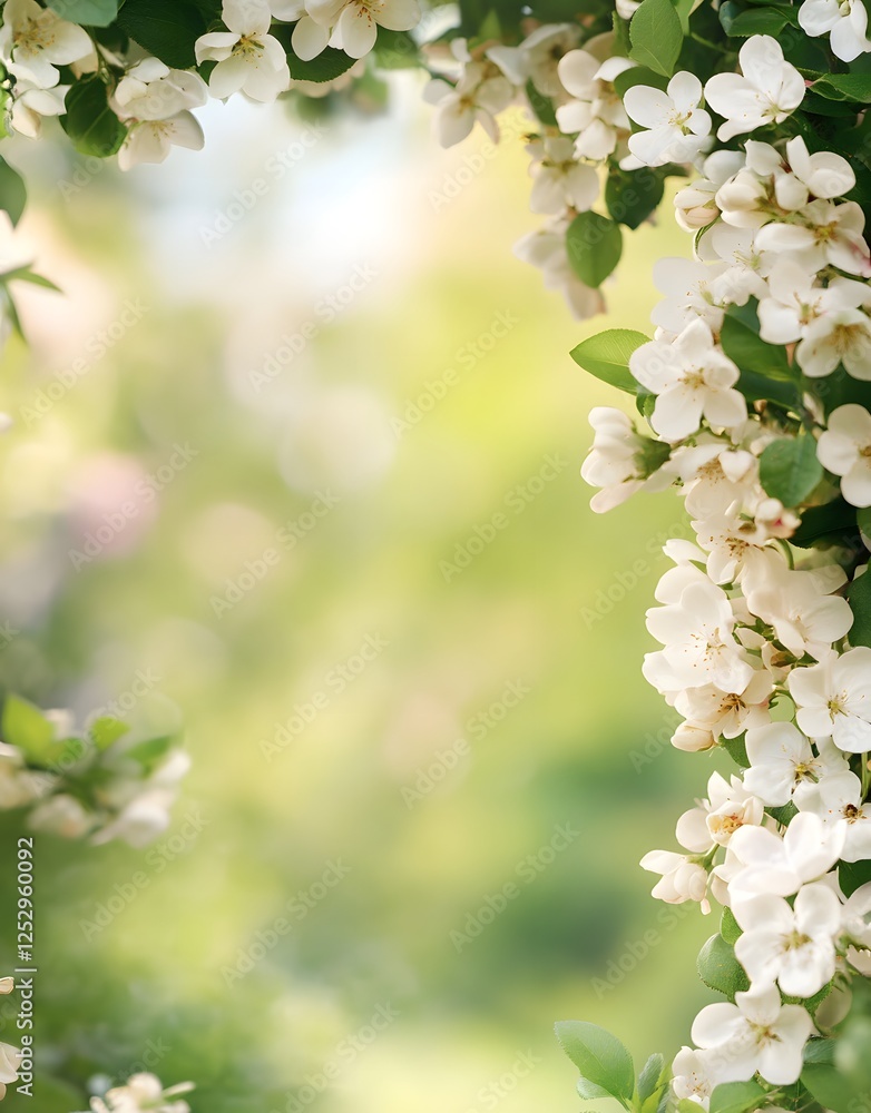 Soft blossoms to the right side, blending with natural green foliage and forming an elegant summer frame. Soft blossoms to the right side, blending with natural green foliage and forming an elegant summer frame.