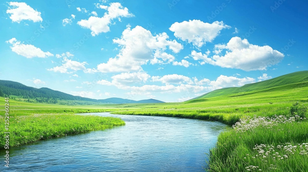 Serene River Flowing Through Lush Green Landscape Under Blue Sky Serene River Flowing Through Lush Green Landscape Under Blue Sky