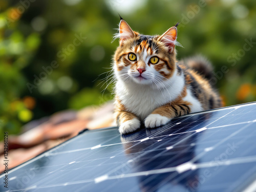 Cat that chilling on solar panel in the worm summer day.