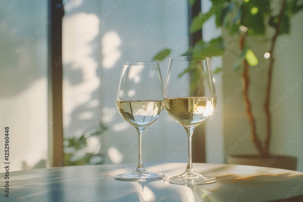 Two glasses of red and white wine on table ready for wine tasting event or gathering Two glasses of red and white wine on table ready for wine tasting event or gathering