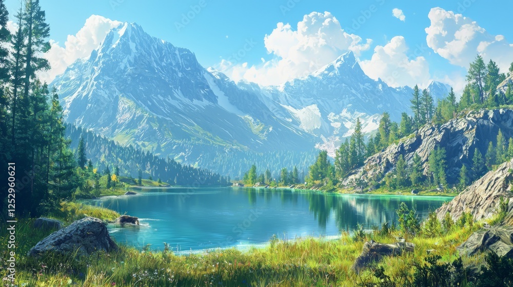 Serene Mountain Landscape with Clear Lake and Lush Greenery Serene Mountain Landscape with Clear Lake and Lush Greenery