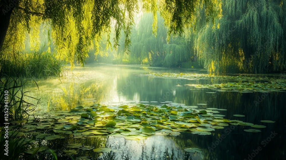 Serene Water Reflection Surrounded by Lush Greenery and Lilies Serene Water Reflection Surrounded by Lush Greenery and Lilies