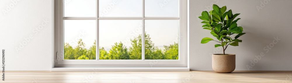 Fototapeta premium bright, clean window with view of greenery and potted plant nearby creates refreshing atmosphere