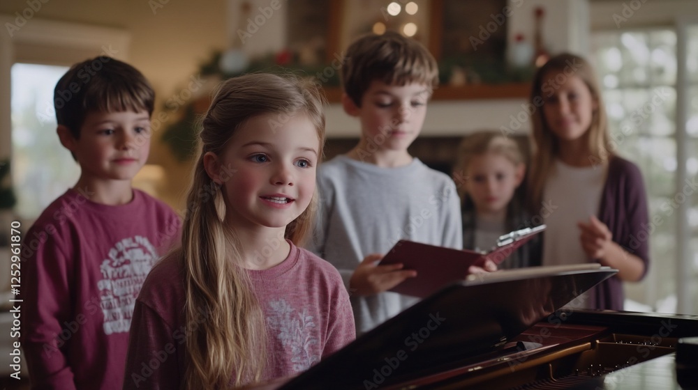 Obraz premium Children singing Christmas carol at home