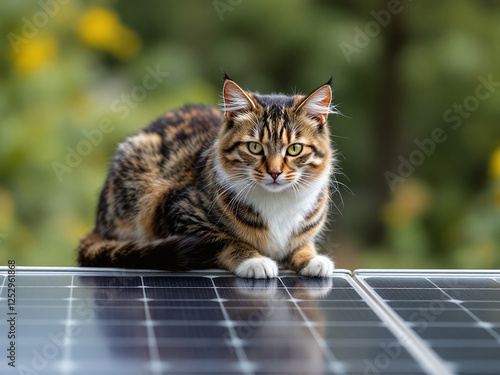 Cat that chilling on solar panel in the worm summer day.