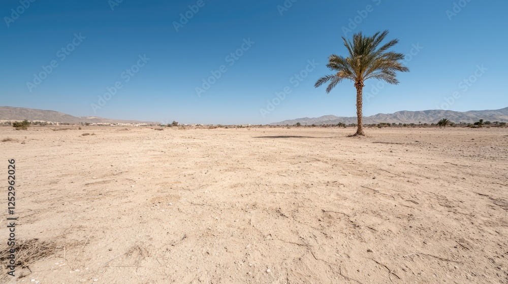 Empty desert landscape with lone palm tree under clear sky. Possible use stock photo for travel brochures, nature documentaries, or desert-themed advertisements Empty desert landscape with lone palm tree under clear sky. Possible use stock photo for travel brochures, nature documentaries, or desert-themed advertisements