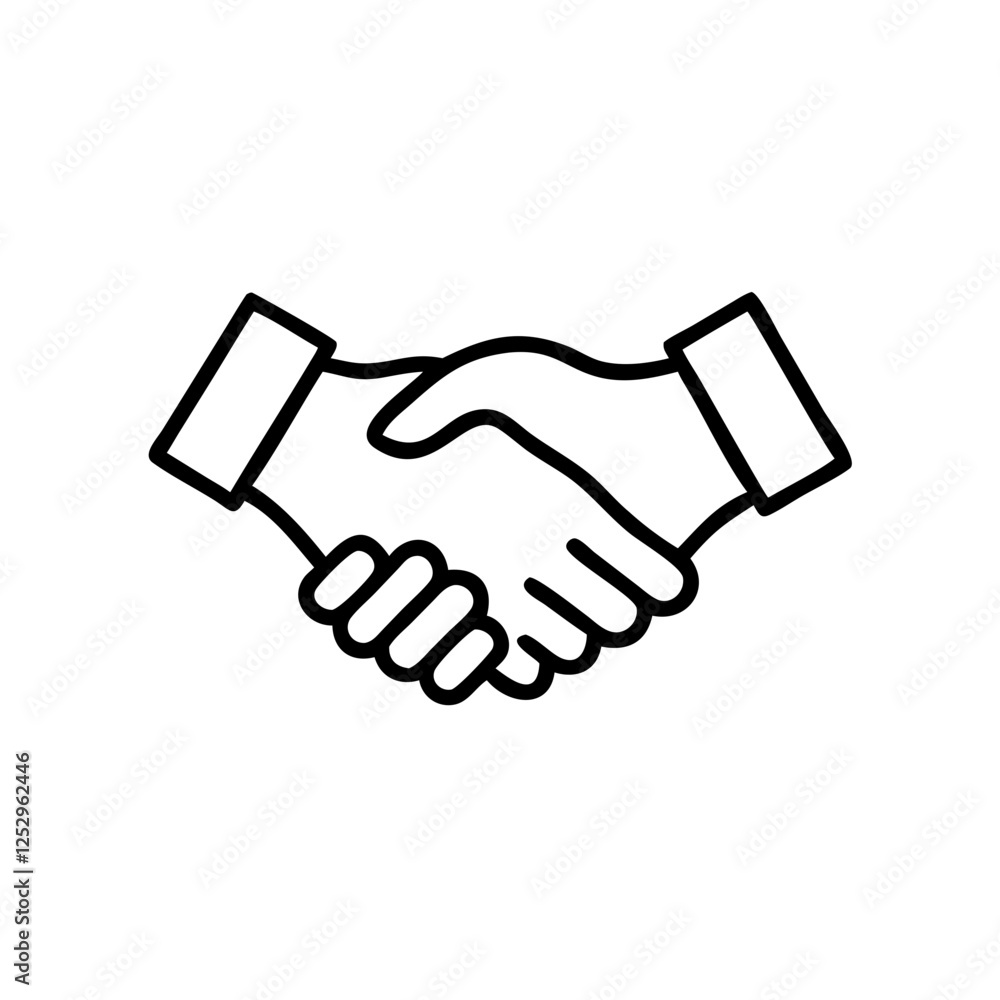 Handshake icon representing collaboration and agreement, in a black outline, modern design. Handshake icon representing collaboration and agreement, in a black outline, modern design.