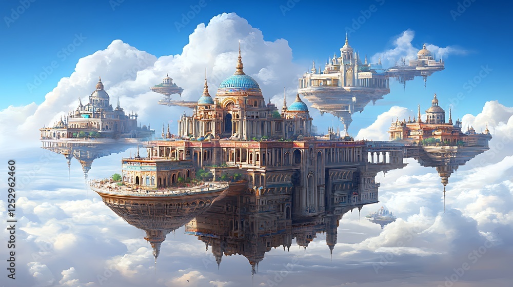 Obraz premium Fantastic floating cities majestically soaring through a cloudy sky