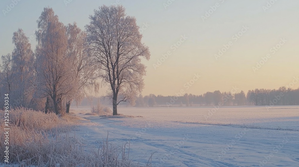 Beautiful Winter Landscape with Frosty Trees at Sunrise Beautiful Winter Landscape with Frosty Trees at Sunrise