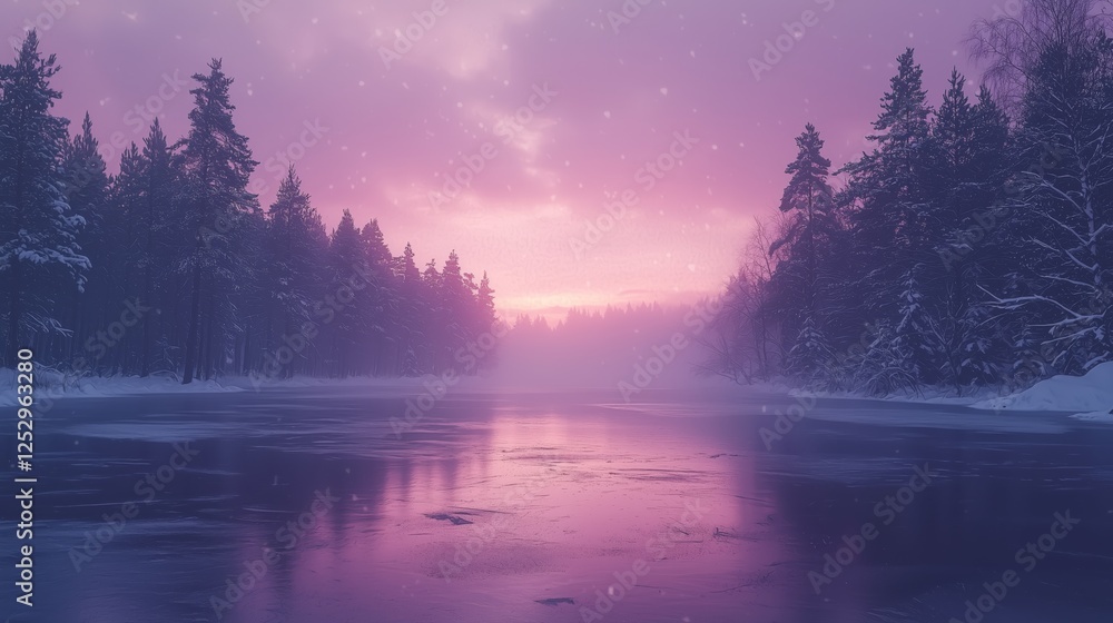 Fototapeta premium Serene Winter Landscape with Snowy Trees and Dusk Sky Reflection