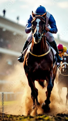 A Stunning Capture of Horses Racing Through Dusty Trails in a Competitive Horse Race Event