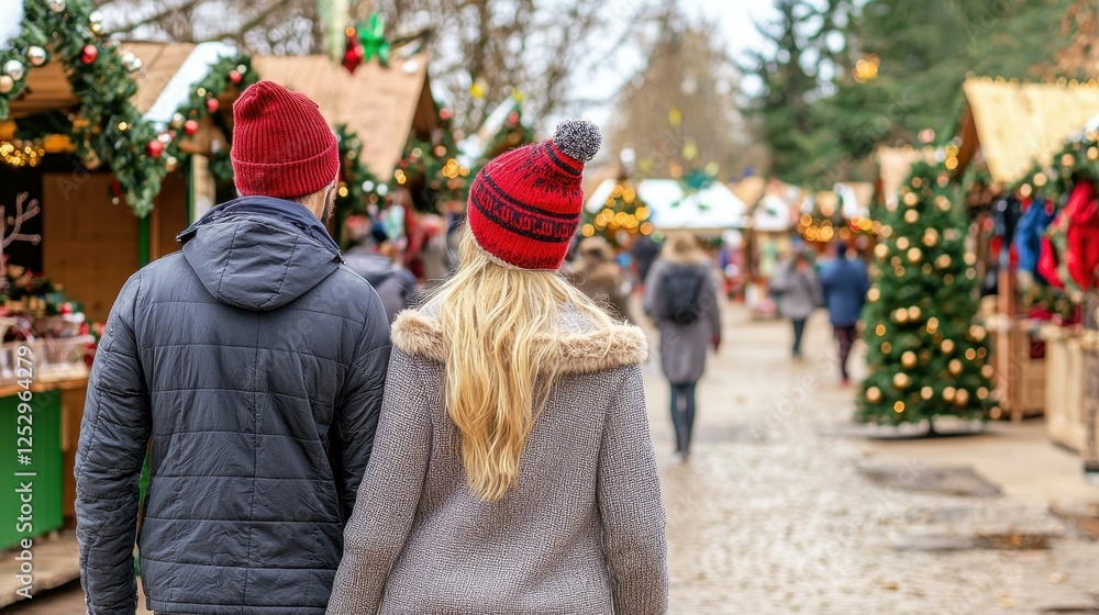 Couple exploring a festive winter market. Couple exploring a festive winter market.