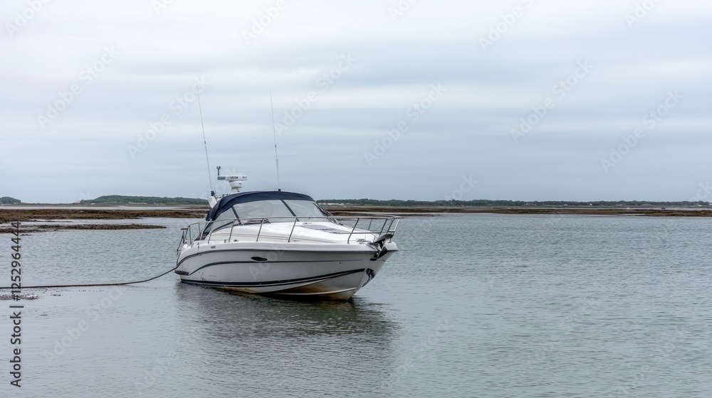 Motorboat moored in shallow water, overcast day Motorboat moored in shallow water, overcast day