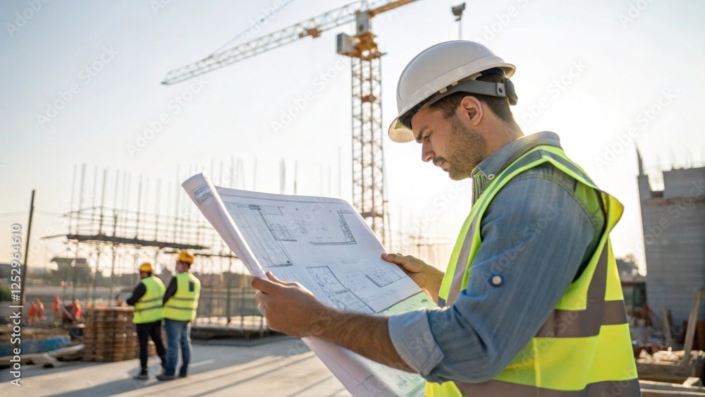 Civil engineer reviewing detailed blueprints at construction site architectural plans professional environment focused viewpoint for project success Civil engineer reviewing detailed blueprints at construction site architectural plans professional environment focused viewpoint for project success