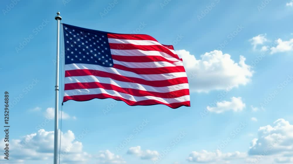 Waving American flag against a bright blue sky with fluffy clouds during a sunny day Waving American flag against a bright blue sky with fluffy clouds during a sunny day