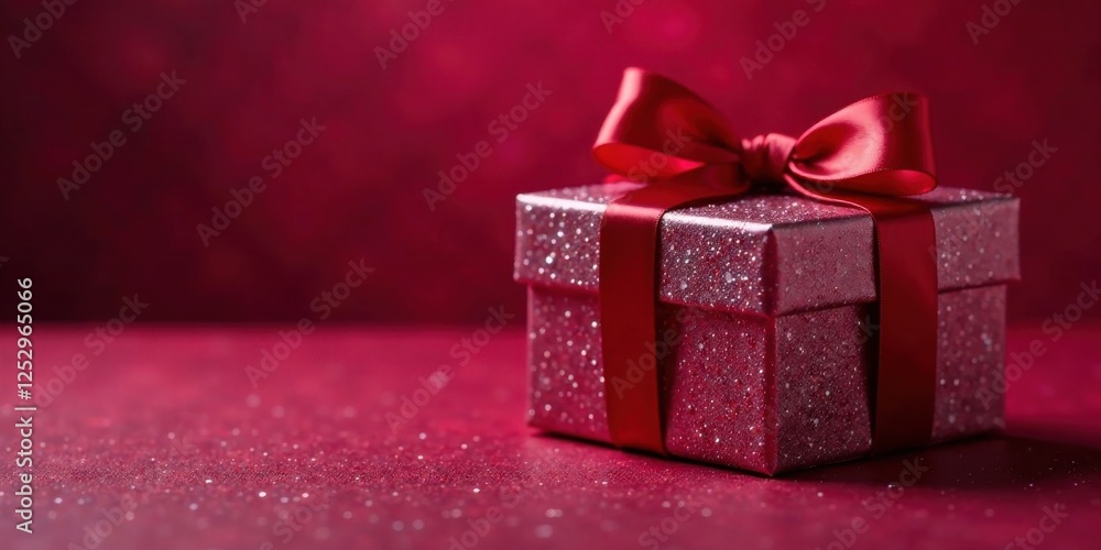 A Sparkling Gift Box with a Crimson Bow on a Glittery Surface A Sparkling Gift Box with a Crimson Bow on a Glittery Surface