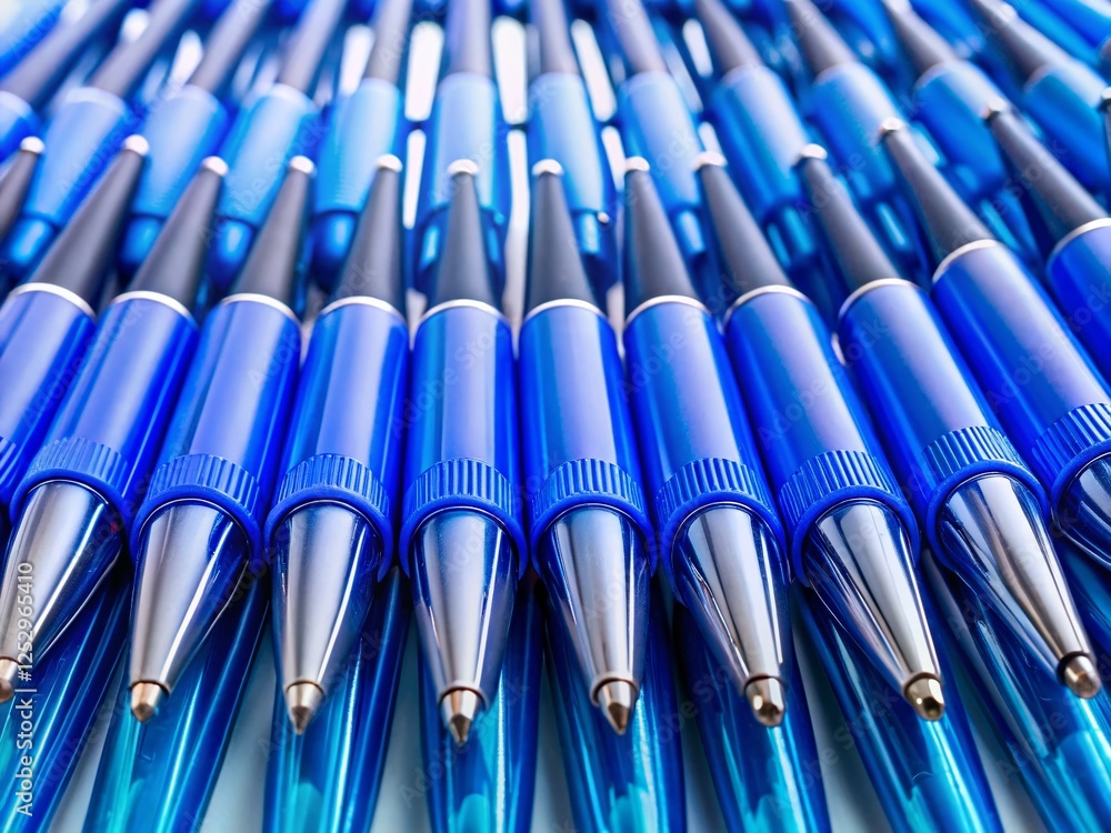 Drone View: Precisely Aligned Blue Ballpoint Pens - Aerial Perspective Drone View: Precisely Aligned Blue Ballpoint Pens - Aerial Perspective