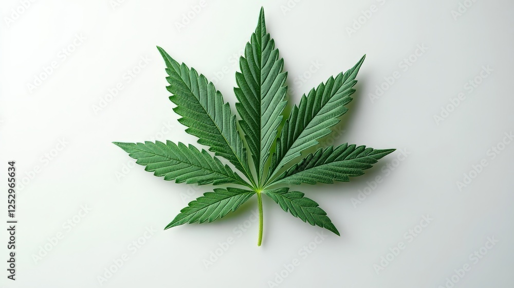 Vibrant green cannabis leaf displayed on a clean white background, showcasing natural texture Vibrant green cannabis leaf displayed on a clean white background, showcasing natural texture