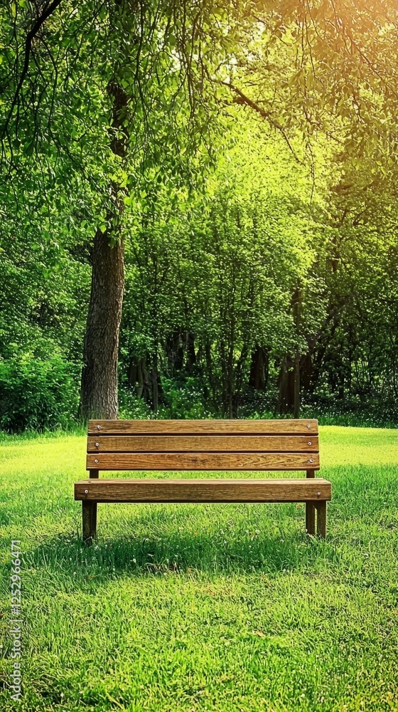 Wooden Bench Surrounded by Lush Green Trees and Sunlight Wooden Bench Surrounded by Lush Green Trees and Sunlight