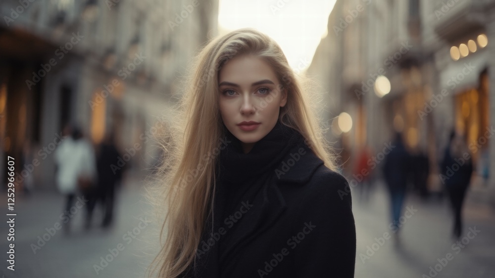 Fototapeta premium Young woman walks through a busy street as evening light creates a warm glow around her