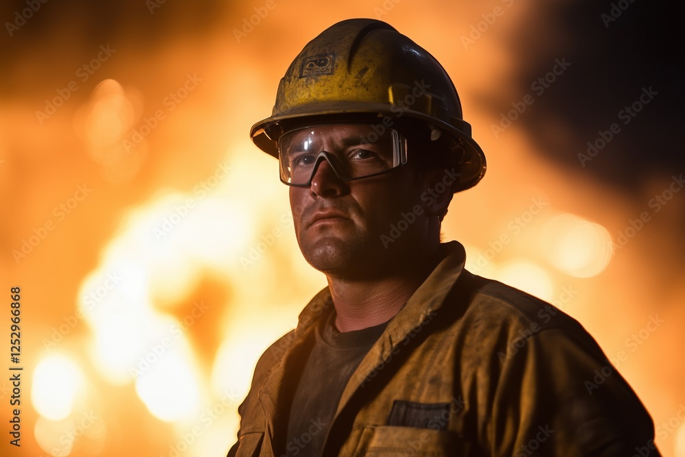 Firefighter wearing a yellow helmet and safety gear standing against a background of flames. Emergency service and bravery. Firefighter wearing a yellow helmet and safety gear standing against a background of flames. Emergency service and bravery.