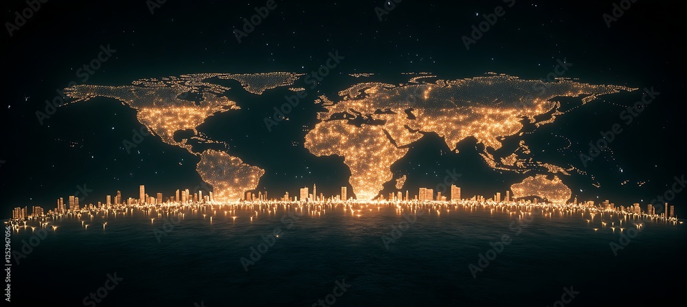 World map made of lights with cityscape beneath it
