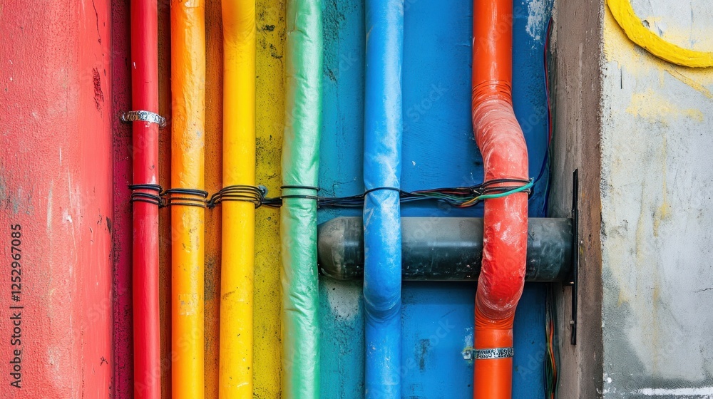 A close-up of exposed electrical conduits and wiring inside a wall during remodeling, displaying installation components and multicolored wires A close-up of exposed electrical conduits and wiring inside a wall during remodeling, displaying installation components and multicolored wires