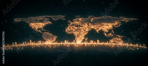 Obraz na płótnie World map made of lights with cityscape beneath it w salonie