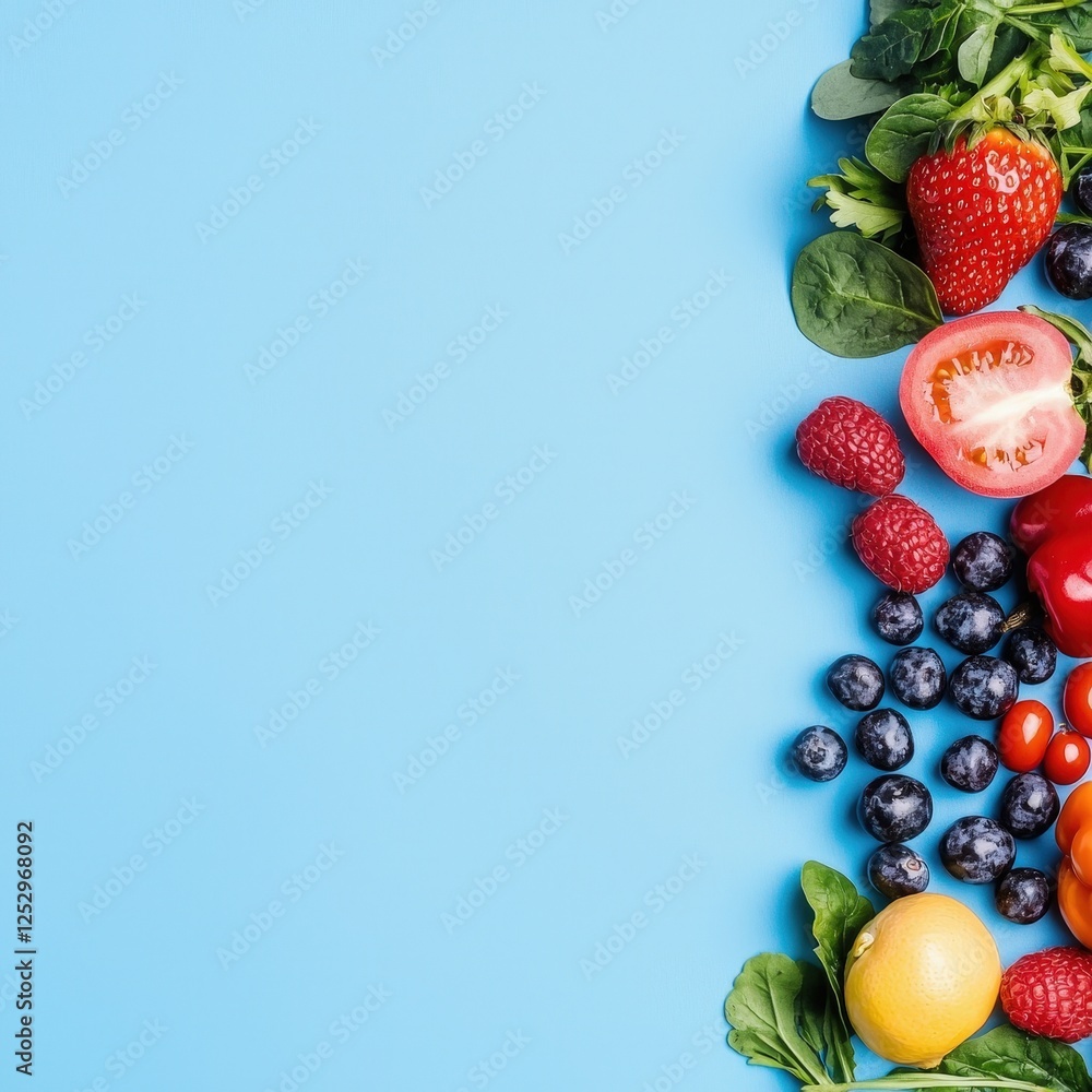 Variety of fresh fruits and vegetables arranged on a blue background for a healthy lifestyle concept Variety of fresh fruits and vegetables arranged on a blue background for a healthy lifestyle concept