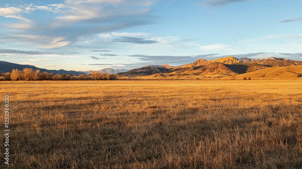 Obraz premium Scenic Mountain Landscape with Golden Grassland at Sunset