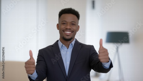 Wallpaper Mural Man in business attire gives thumbs up in modern office setting while smiling during daytime Torontodigital.ca