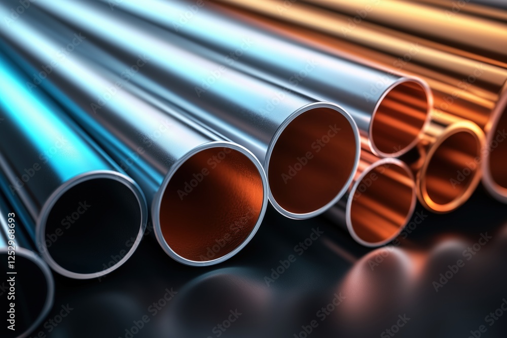 Close-up of metallic tubes with vibrant blue and orange reflections. Modern industrial material design and production. Close-up of metallic tubes with vibrant blue and orange reflections. Modern industrial material design and production.