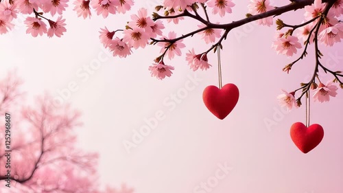 Gentle sway of hanging red hearts amid blooming cherry blossoms in spring breeze