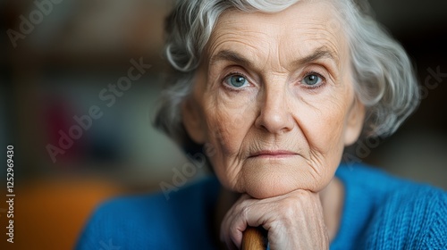 Woman with blue hair and a blue sweater is sitting with her hands on her knees. She has a wooden cane in her hand