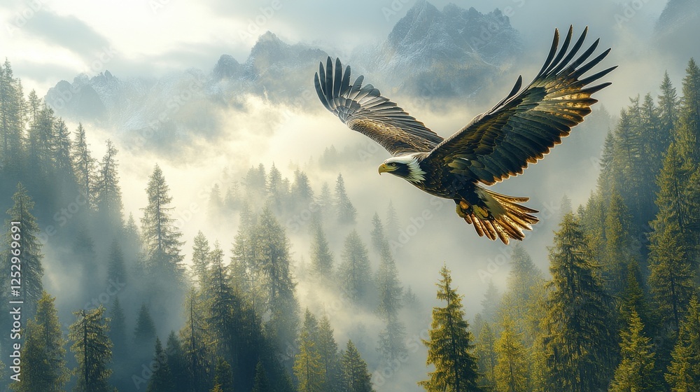 Fototapeta premium Majestic Flight, A Bald Eagle Soars Above Misty Evergreen Forests and Snowy Mountain Peaks