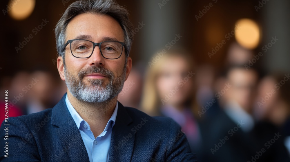 Man with glasses is smiling at the camera. He is wearing a blue jacket and a blue shirt Man with glasses is smiling at the camera. He is wearing a blue jacket and a blue shirt