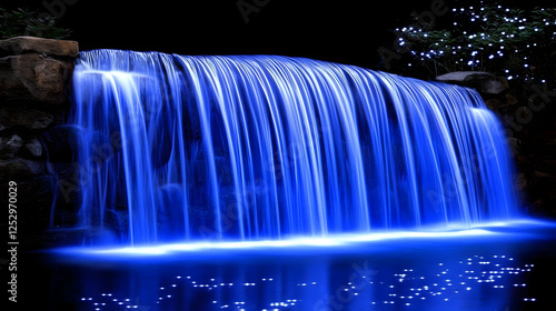 Night waterfall, blue illumination, serene garden