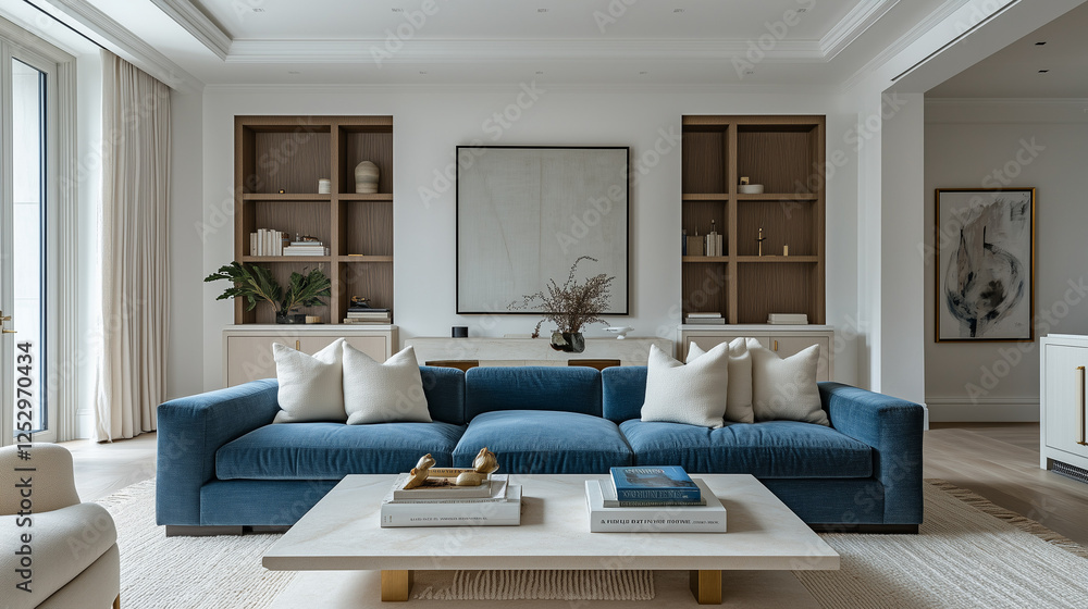 Fototapeta premium contemporary sofa with textured blue teal woven wool upholstery. off white walls, modern art on the walls, traditional modern-style beige oak built-in cabinets with gold handles