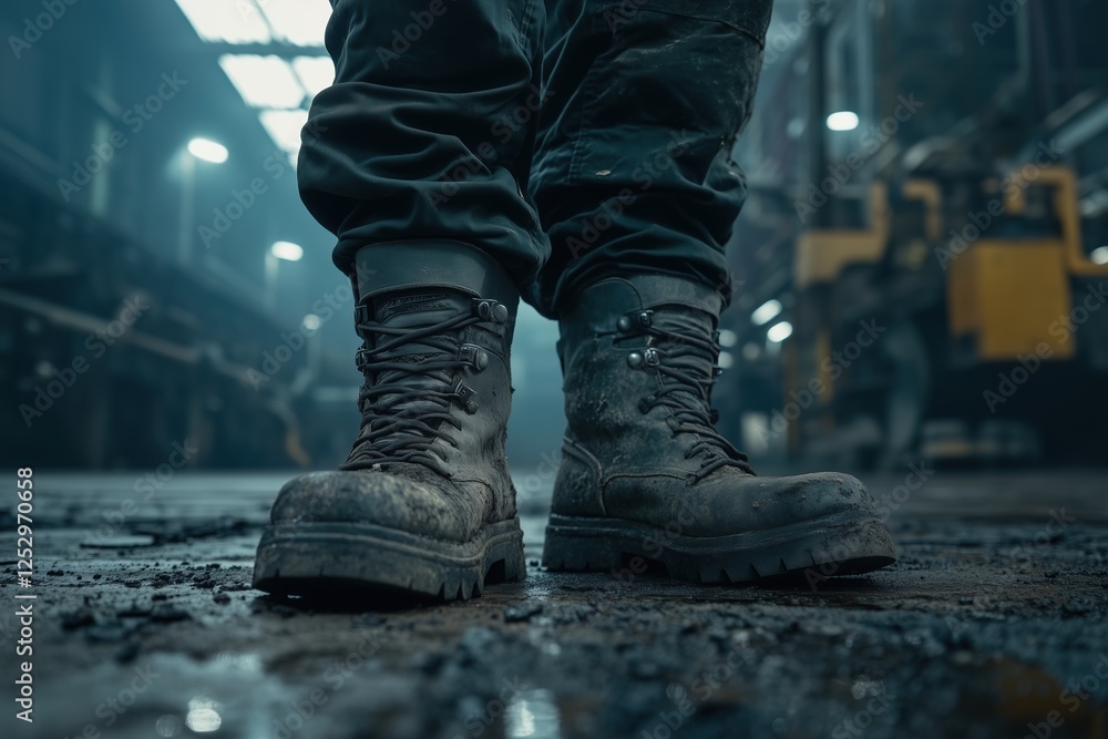 Close-up of worn work boots in a factory setting, emphasizing durability and hard labor Close-up of worn work boots in a factory setting, emphasizing durability and hard labor